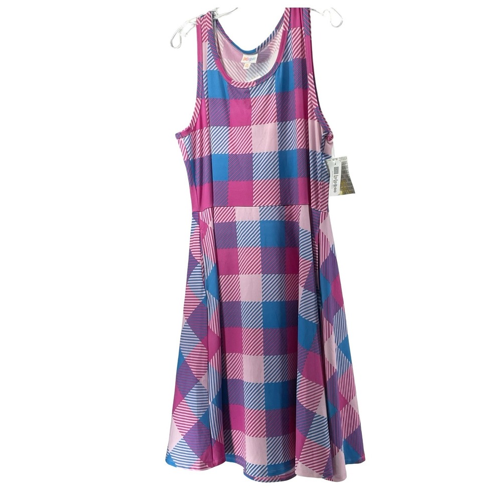 LuLaRoe Women's Dress Fit and Flare Pink Blue Plaid Polyester 3XL